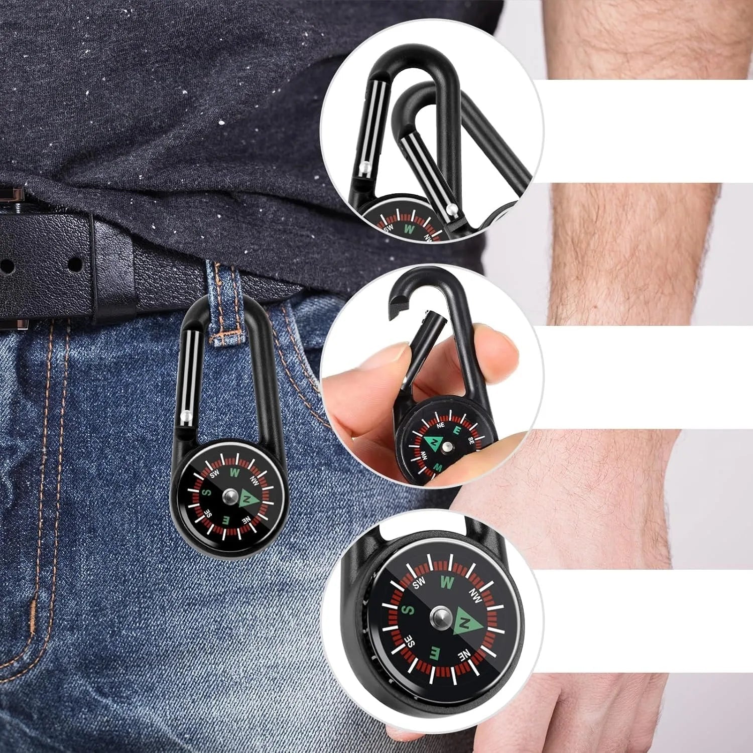 1 Pc Compass Thermometer Carabiner 3 in 1 Mini Compass Carabiner Clip Outdoor Hiking Survival Key Ring Double Sided Metal - Checkouts UK