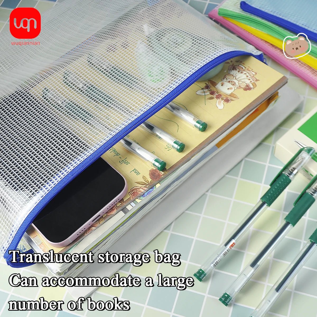 10pcs Of Transparent Mesh Zipper File Bags A4+12pcs Exquisite Green Ink Pens 0.5mm Nib School Stationery Office Supplies - Checkouts USA