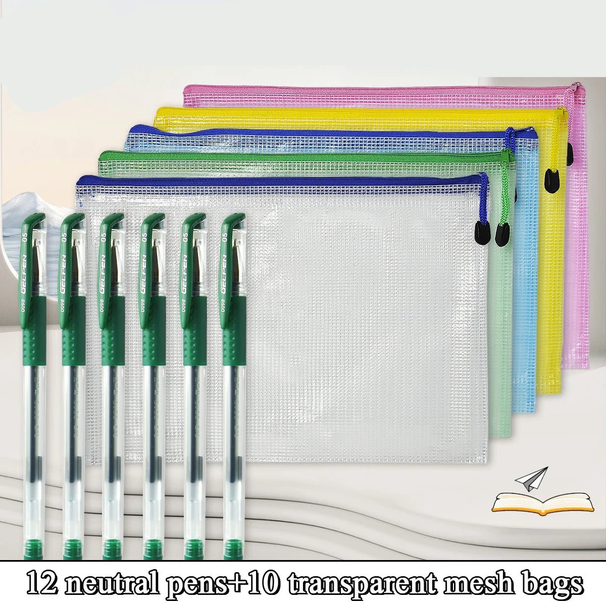 10pcs Of Transparent Mesh Zipper File Bags A4+12pcs Exquisite Green Ink Pens 0.5mm Nib School Stationery Office Supplies - Checkouts USA