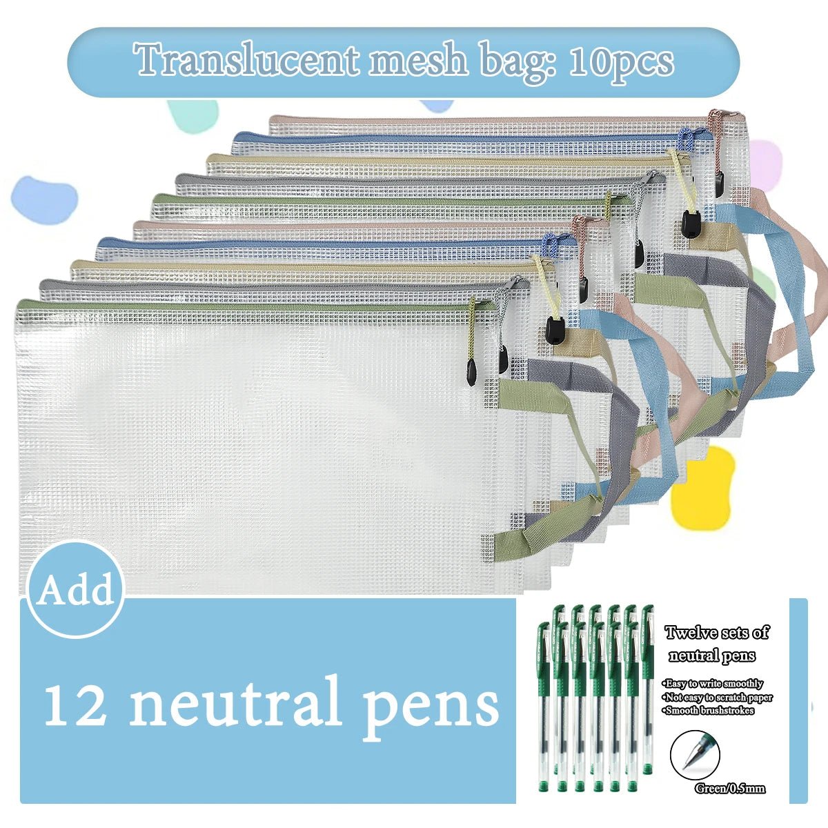 10pcs Of Transparent Mesh Zipper File Bags A4+12pcs Exquisite Green Ink Pens 0.5mm Nib School Stationery Office Supplies - Checkouts USA