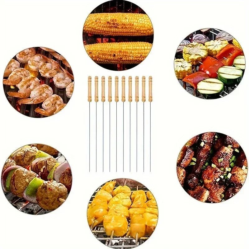 10Pcs Stainless Steel Barbecue Skewer Reusable BBQ Skewers For Outdoor Camping Picnic Cooking Tools BBQ Supplies - Checkouts UK