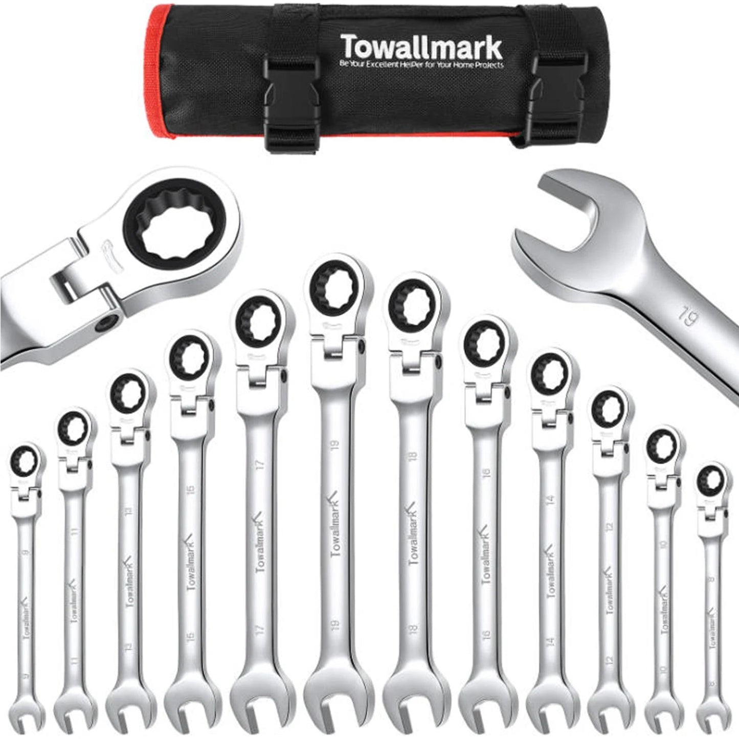 12 - Piece Flex - Head Wrench Set, Ratcheting Combination Set, Metric 8 - 19mm, 72 - Teeth,Cr - V Steel Ratchet Wrenches Set with Bag - Checkouts USA