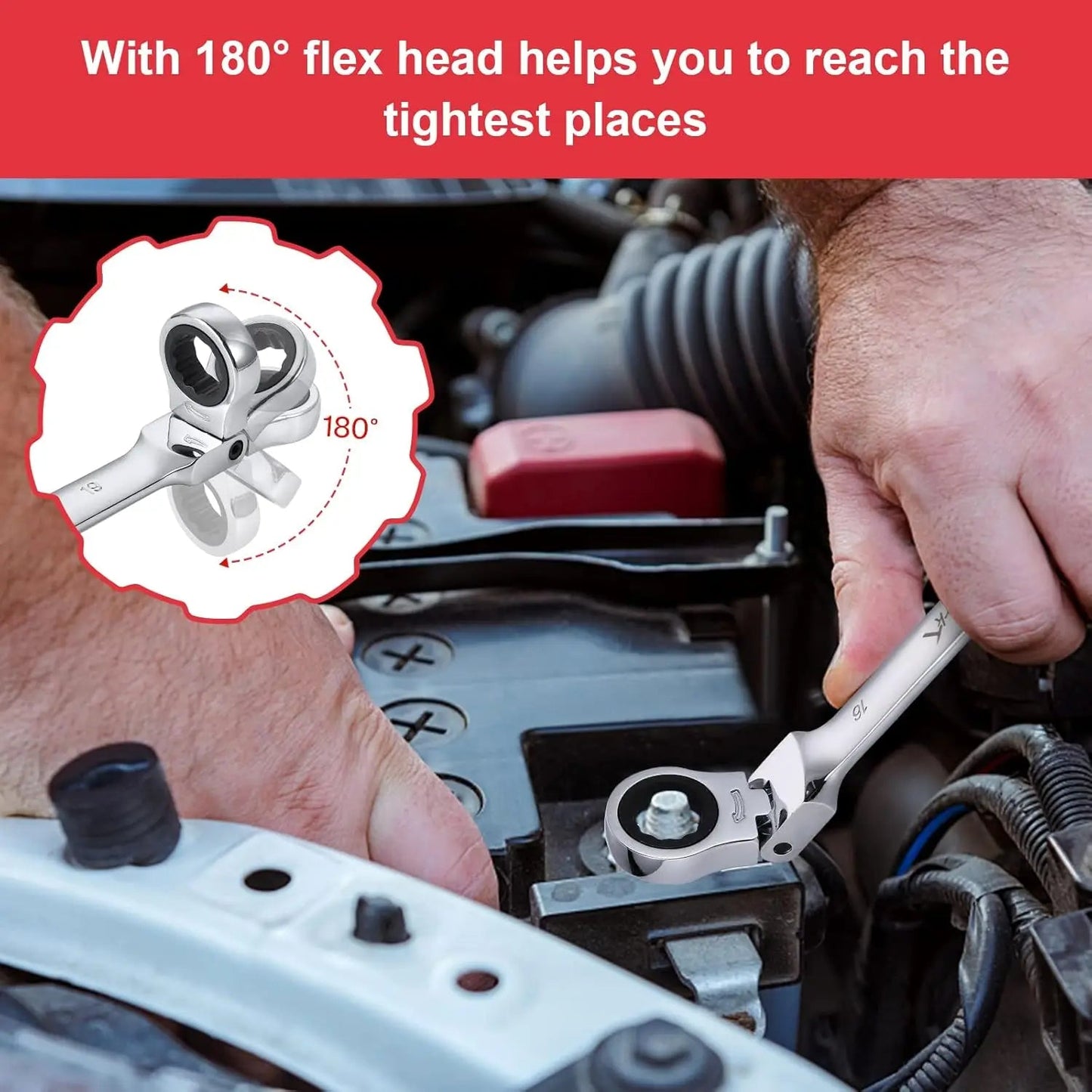 12 - Piece Flex - Head Wrench Set, Ratcheting Combination Set, Metric 8 - 19mm, 72 - Teeth,Cr - V Steel Ratchet Wrenches Set with Bag - Checkouts USA