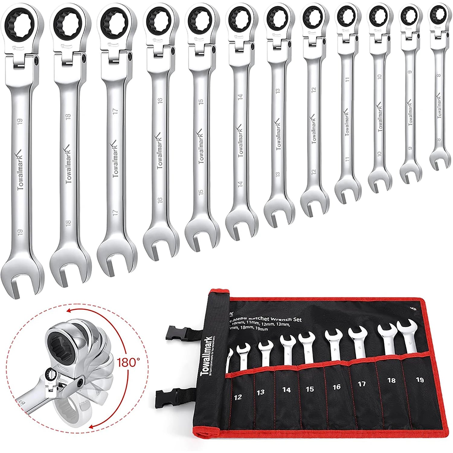 12 - Piece Flex - Head Wrench Set, Ratcheting Combination Set, Metric 8 - 19mm, 72 - Teeth,Cr - V Steel Ratchet Wrenches Set with Bag - Checkouts USA