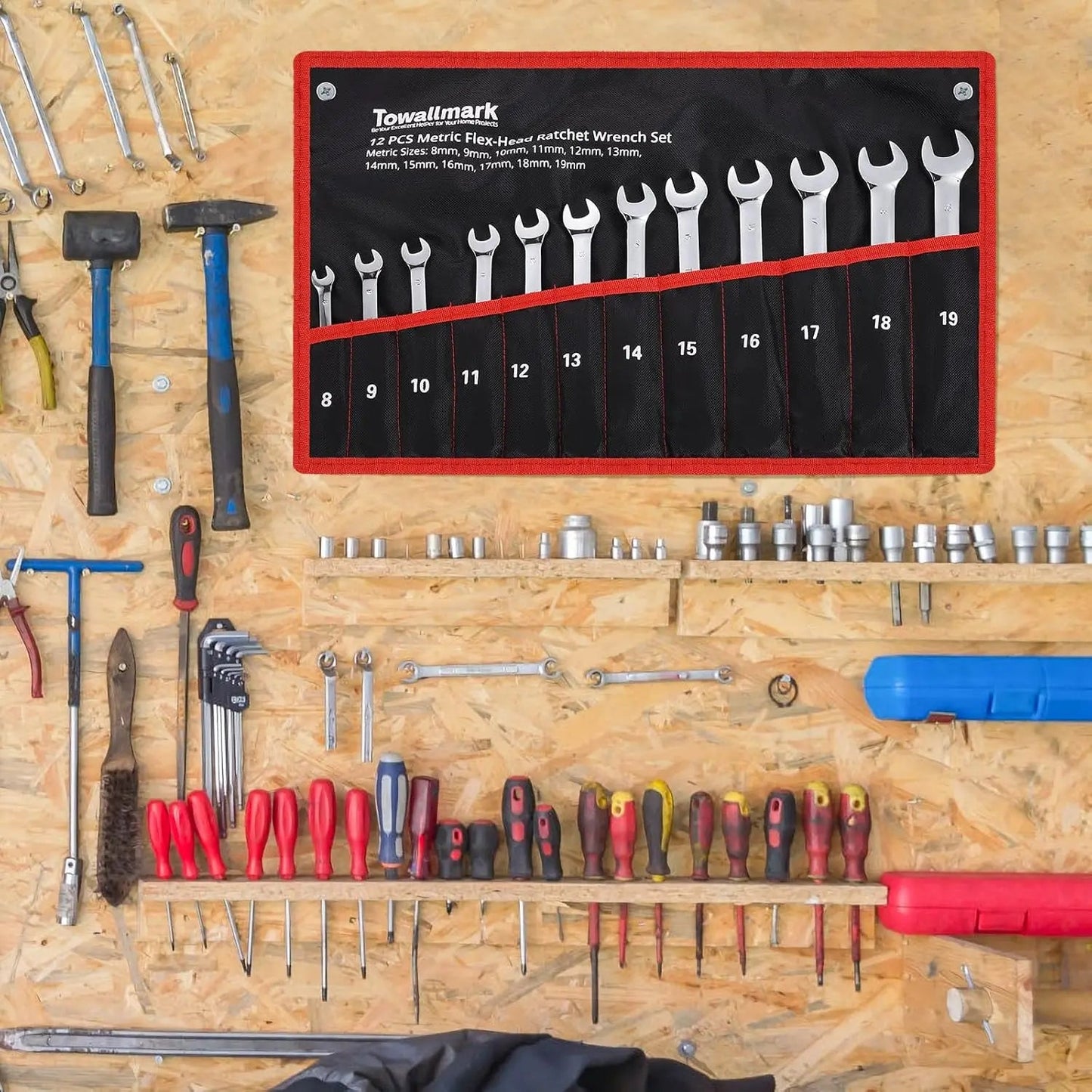 12 - Piece Flex - Head Wrench Set, Ratcheting Combination Set, Metric 8 - 19mm, 72 - Teeth,Cr - V Steel Ratchet Wrenches Set with Bag - Checkouts USA