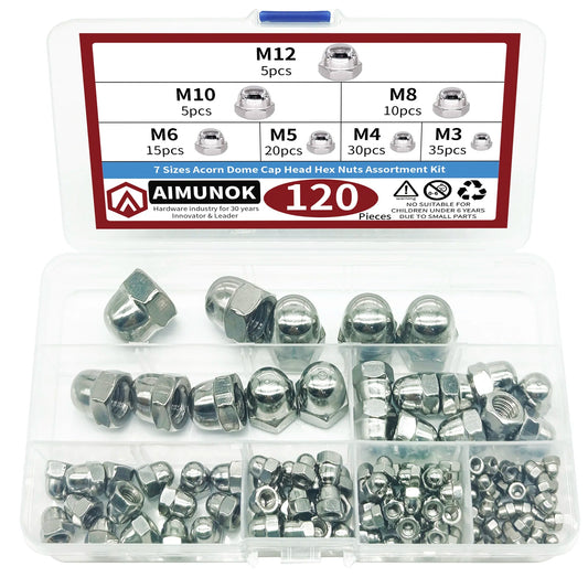 120pcs 7 Sizes Acorn Dome Cap Head Hex Nuts Assortment Kit M3 M4 M5 M6 M8 M10 M12 Decorative Cap Blind Nuts Caps Covers Hex Dome - Checkouts USA