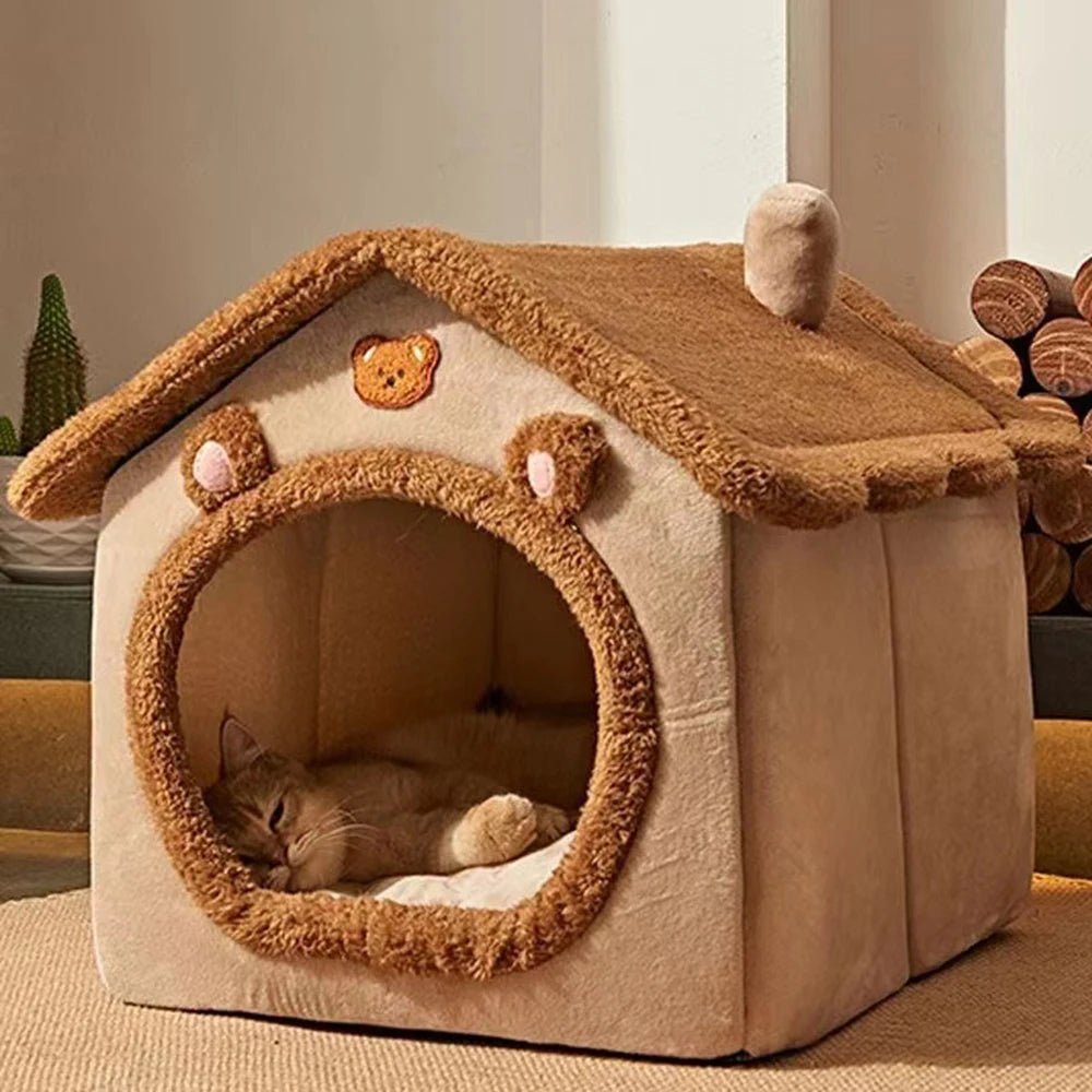 1PC Four Season Universal Enclosed Pet Bed, Wrapped Cat Bed, Dog Bed, Brown Teddy Bear Style Bed - Checkouts UK