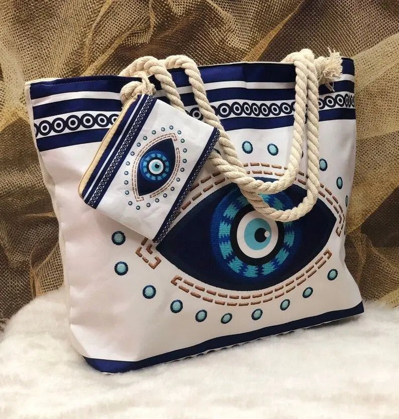 1pcs Evil Eye Women's Beach Bag Polyester Large Capacity Tote Shoulder Bag Customizable Logo Seaside Travel Bag - Checkouts UK
