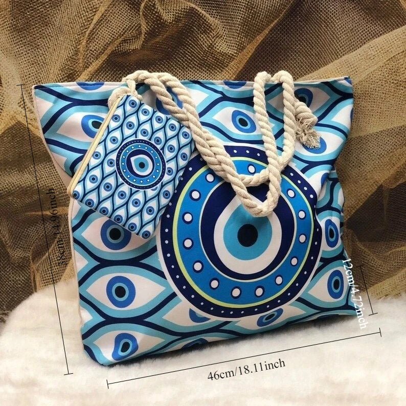1pcs Evil Eye Women's Beach Bag Polyester Large Capacity Tote Shoulder Bag Customizable Logo Seaside Travel Bag - Checkouts UK