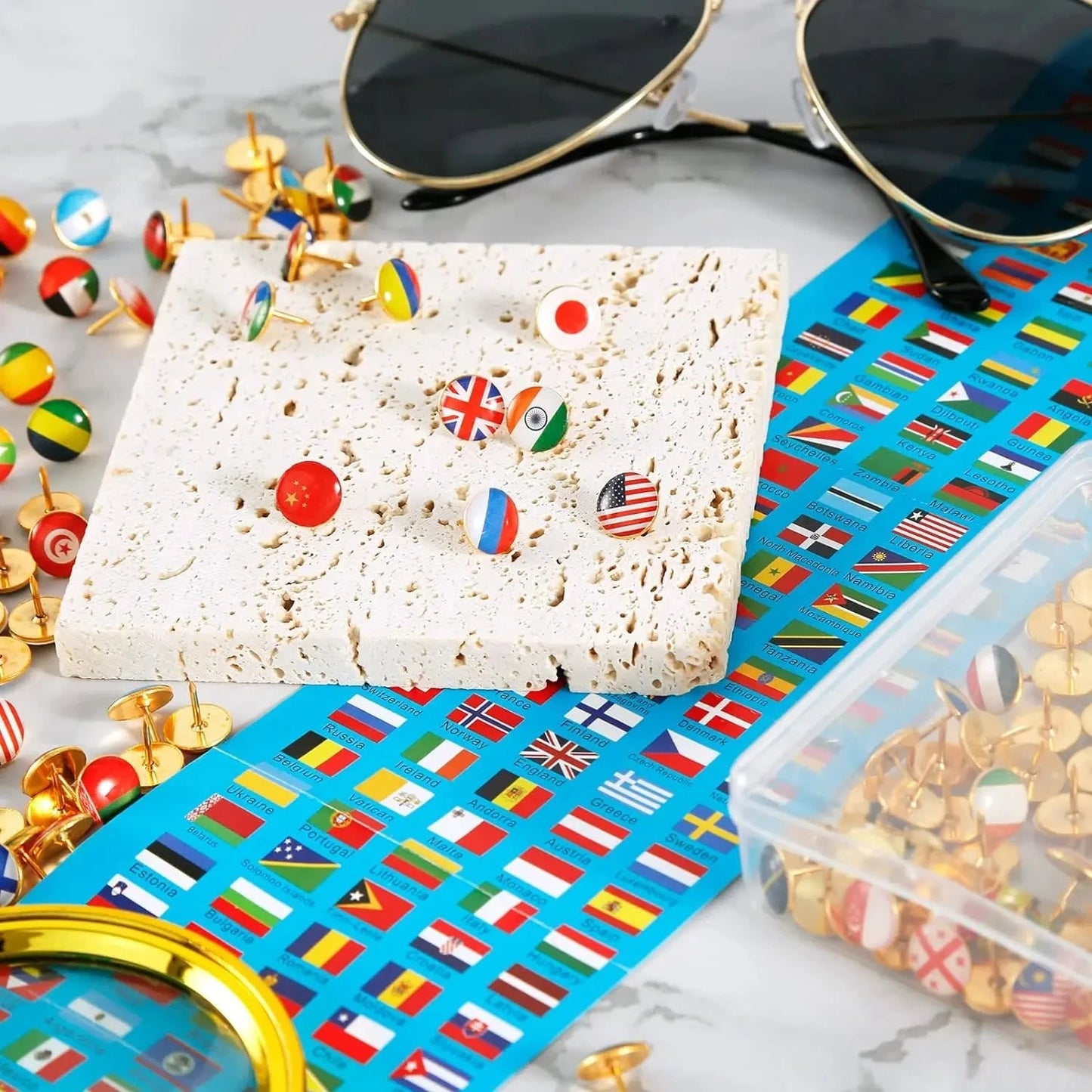 200Pcs National Flag Pins Thumb Tacks Creative Country Map Push Pin Golden Push Pins Decorative Drawing Pins With Flag Index - Checkouts USA