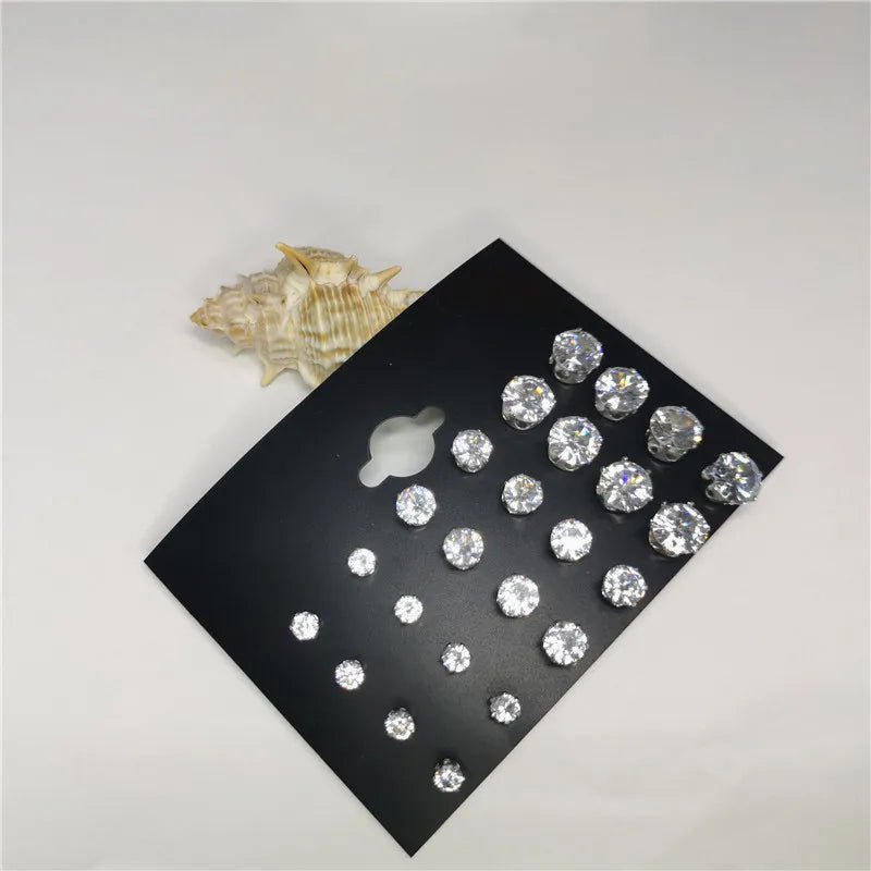 24pcs Cubic Zirconia Stud Earrings - Stainless Steel Claw Set for Men (12 Pairs) - Checkouts USA