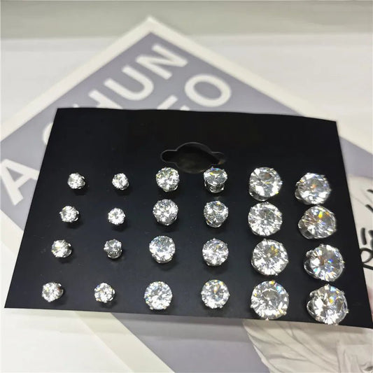 24pcs Cubic Zirconia Stud Earrings - Stainless Steel Claw Set for Men (12 Pairs) - Checkouts USA