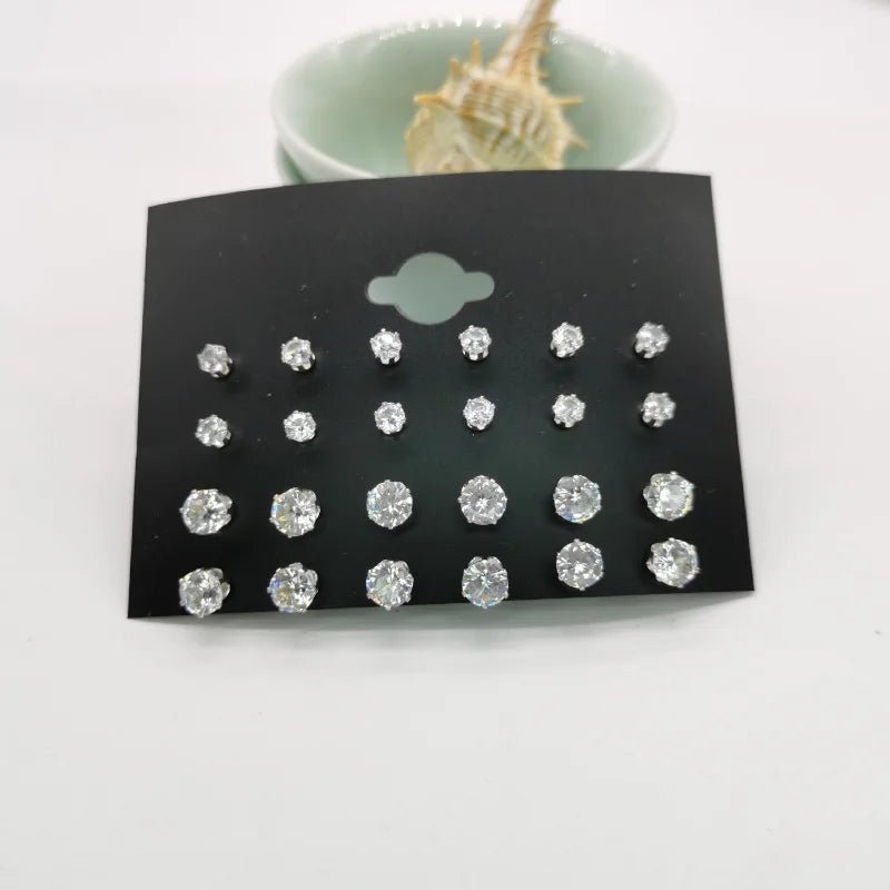 24pcs Cubic Zirconia Stud Earrings - Stainless Steel Claw Set for Men (12 Pairs) - Checkouts USA