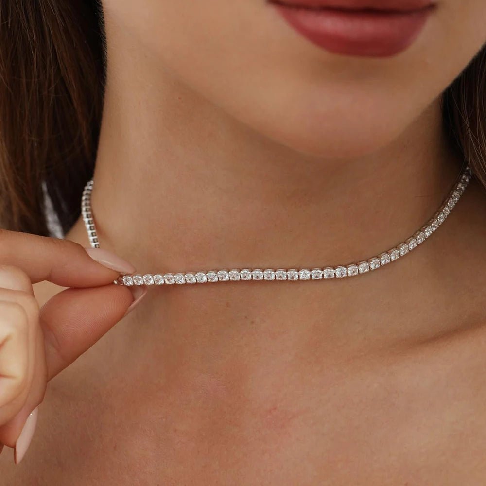 2mm Moissanite Tennis Necklace For Women S925 Silver Plated 18K Gold Sparking Rhinestone Choker Chain Wedding Jewelry Adjustable - Checkouts USA