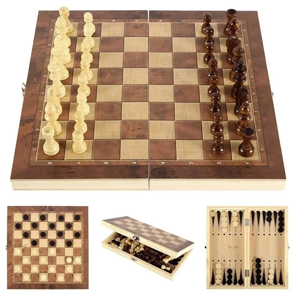 3 in 1 Chess Board Folding Wooden Portable Chess Game Board Wooden Chess Board for Adults(Chess + Checkers and Backgammon) - Checkouts UK