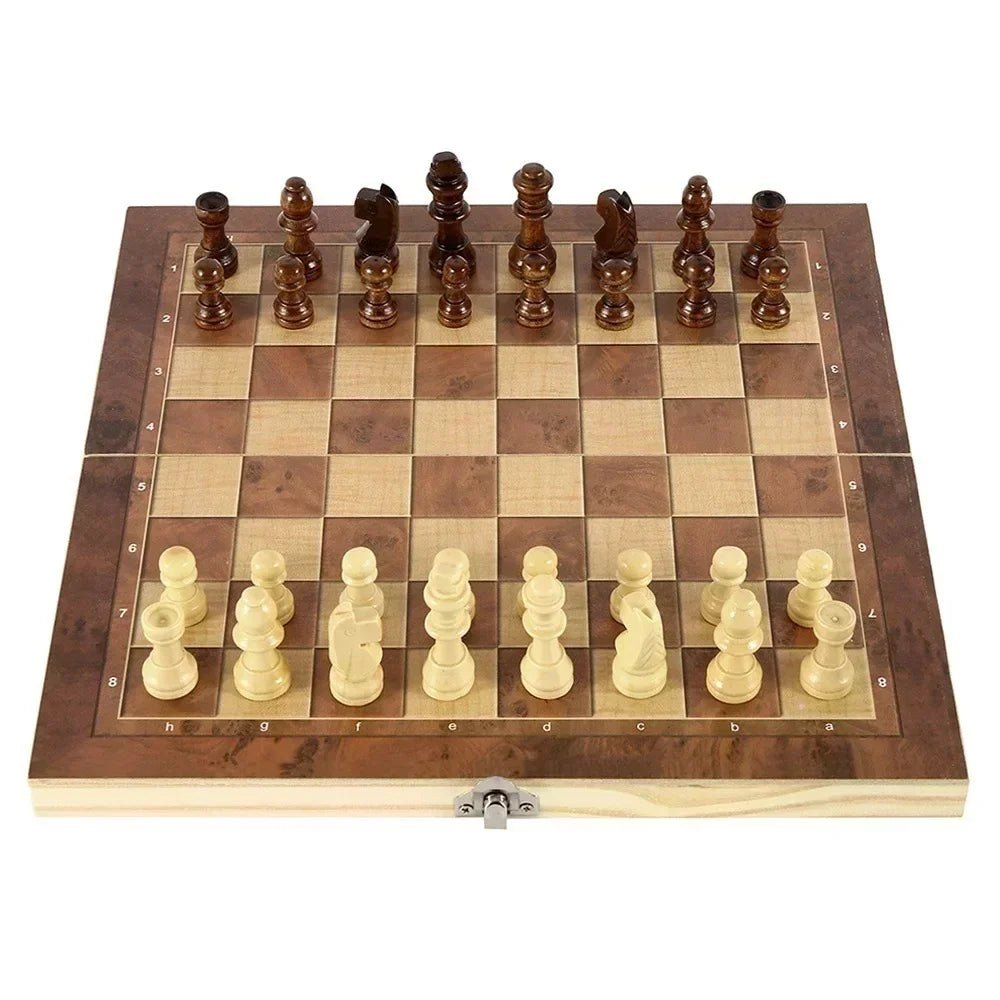 3 in 1 Chess Board Folding Wooden Portable Chess Game Board Wooden Chess Board for Adults(Chess + Checkers and Backgammon) - Checkouts UK