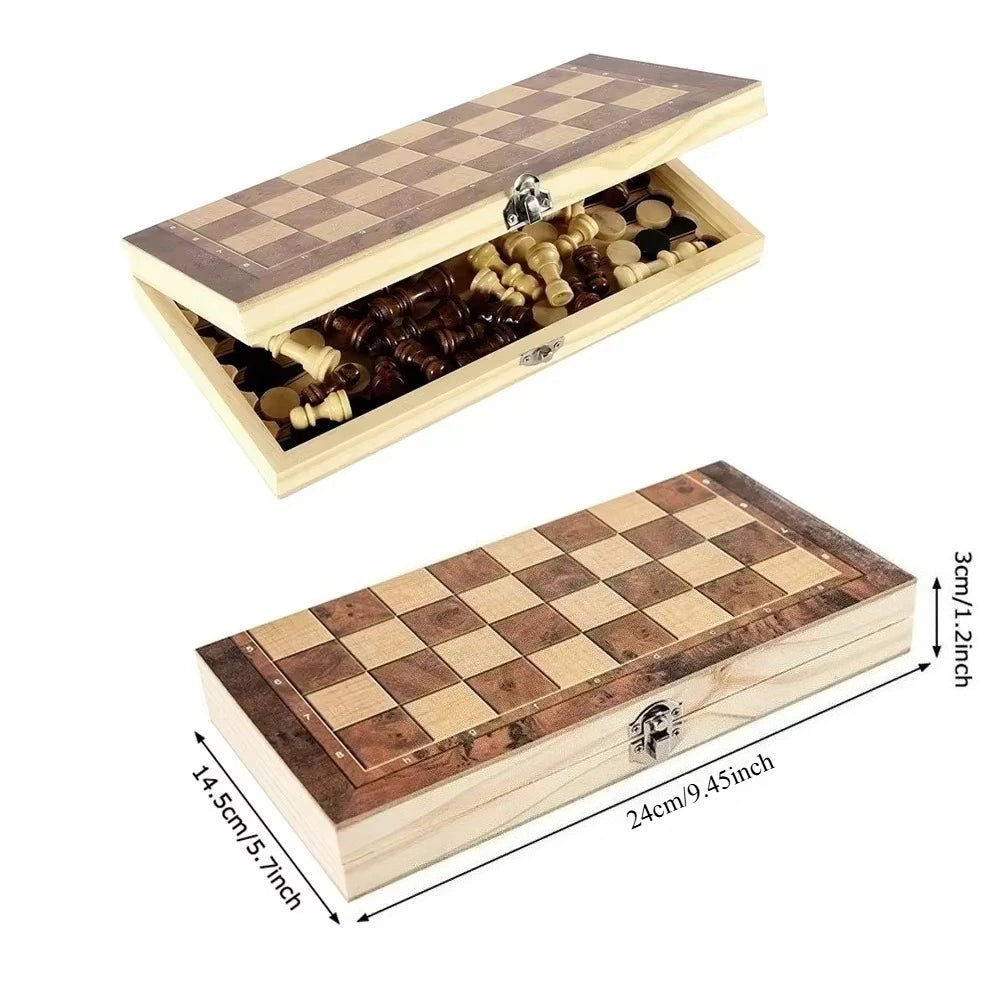 3 in 1 Chess Board Folding Wooden Portable Chess Game Board Wooden Chess Board for Adults(Chess + Checkers and Backgammon) - Checkouts UK