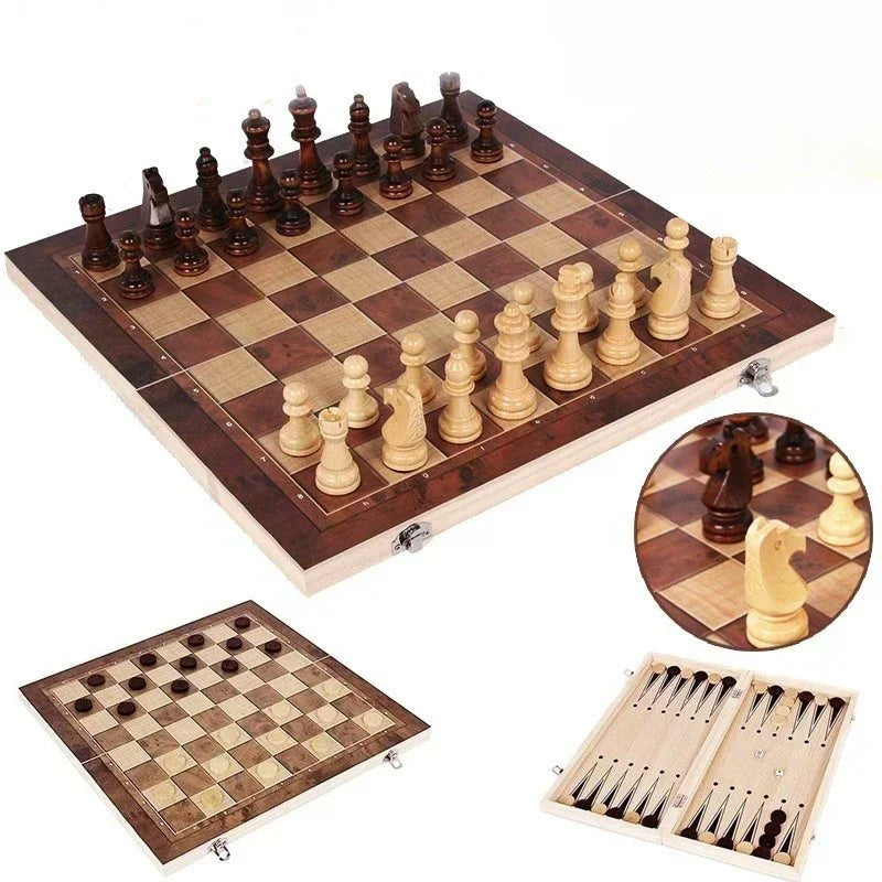 3 in 1 Chess Board Folding Wooden Portable Chess Game Board Wooden Chess Board for Adults(Chess + Checkers and Backgammon) - Checkouts UK
