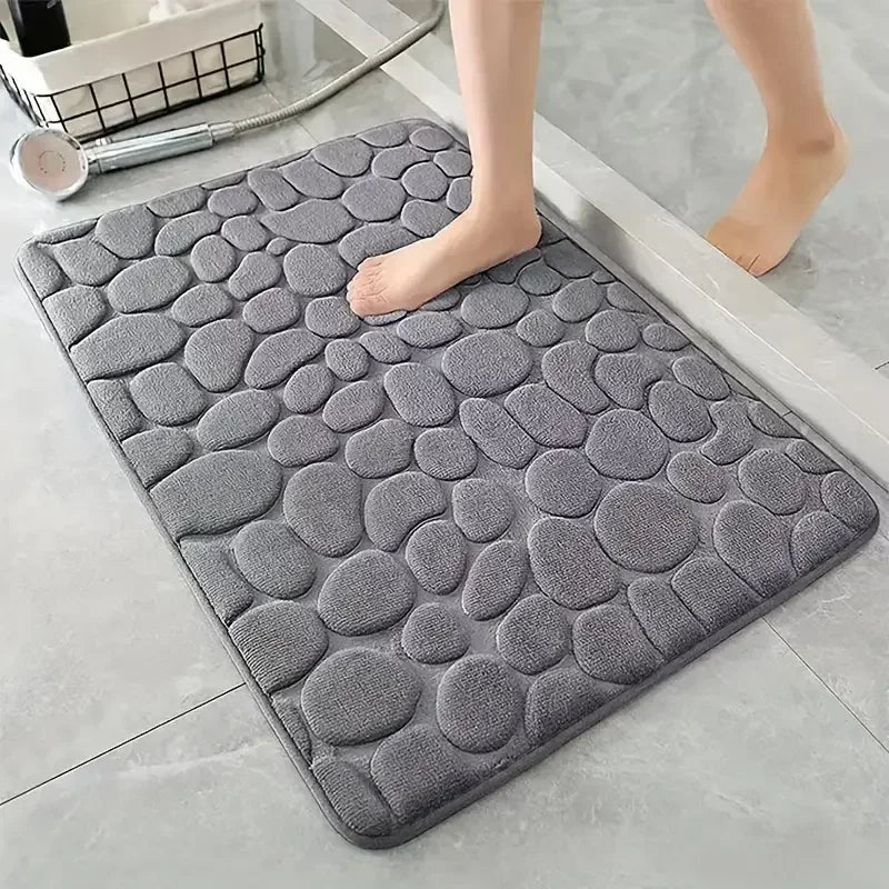3D Non Slip Bathroom Mat Cobblestone Embossed Bath Mats Absorbent Doormat Carpet Door Floor Mats Machine Washable Quick Drying - Checkouts UK