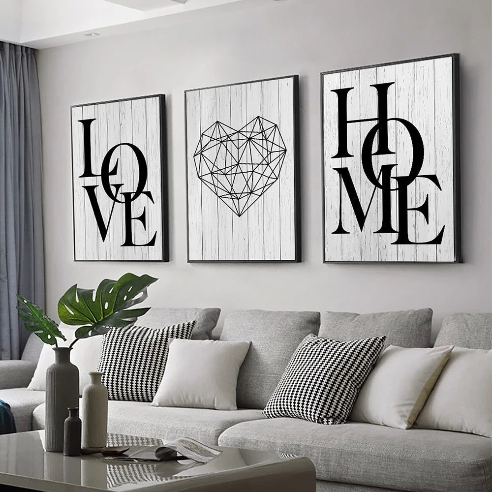 3pcs Love Home Diamond Heart Letter Canvas Prints Nordic Modern Living Room Wall Art Black White Decorative Paintings Home Decor - Checkouts UK