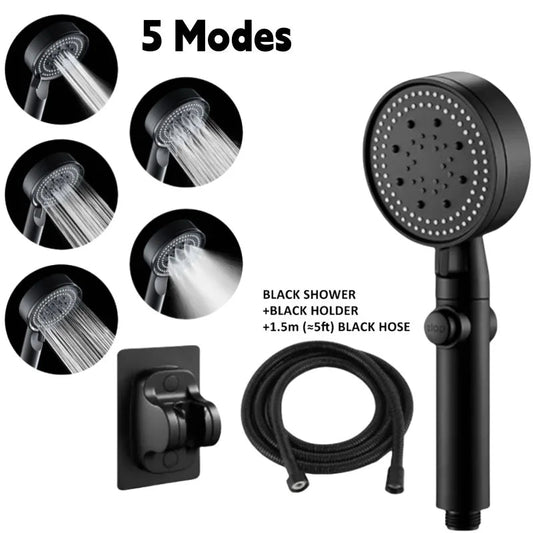 3Pcs/Set Adjustable Silver/Black Shower Head, High Pressure Water Saving Shower Head With 5 Modes+Wall Mounted Bracket+1.5M Hose - Checkouts USA
