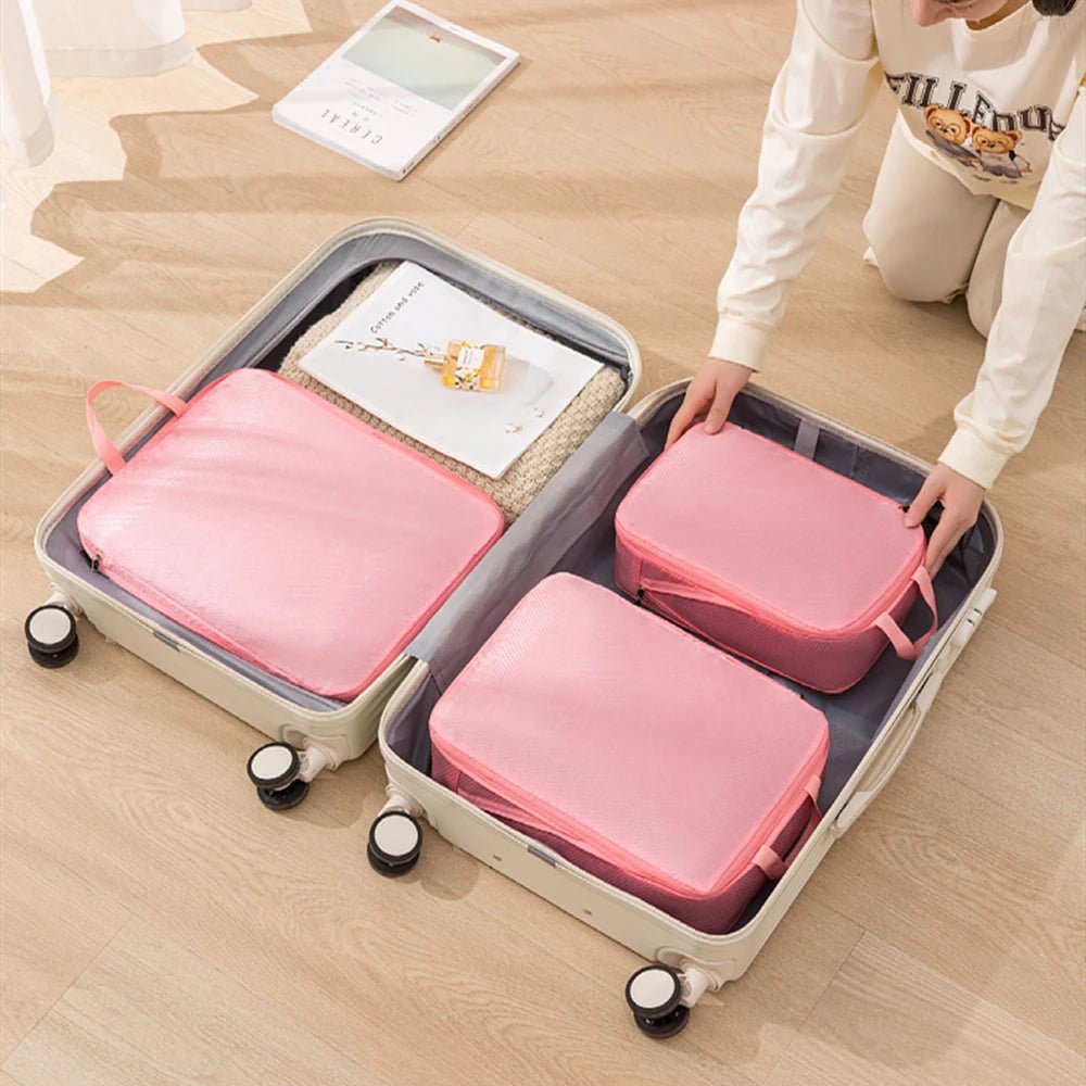 3Pcs/Set Travel Compressible Packing Multifunction Travel Storage Bag Waterproof Suitcase Nylon Portable Luggage Organizer Pink - Checkouts UK