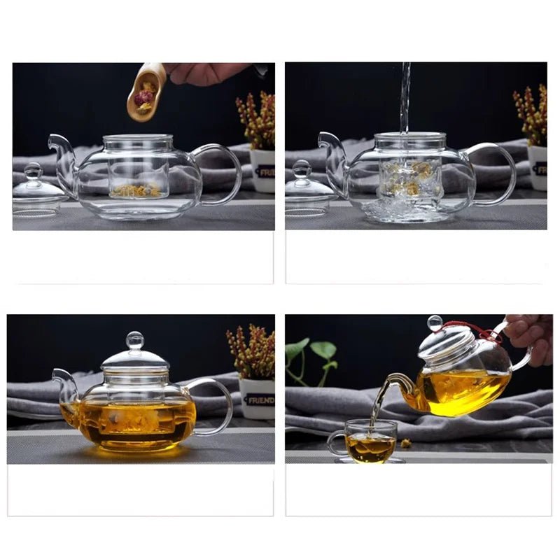 400ml/1000ml Filterable Heat - resistant Thickened Glass Teapot High Borosilicate Glass Flower Tea Pot Heatable Glass Tea Set - Checkouts UK