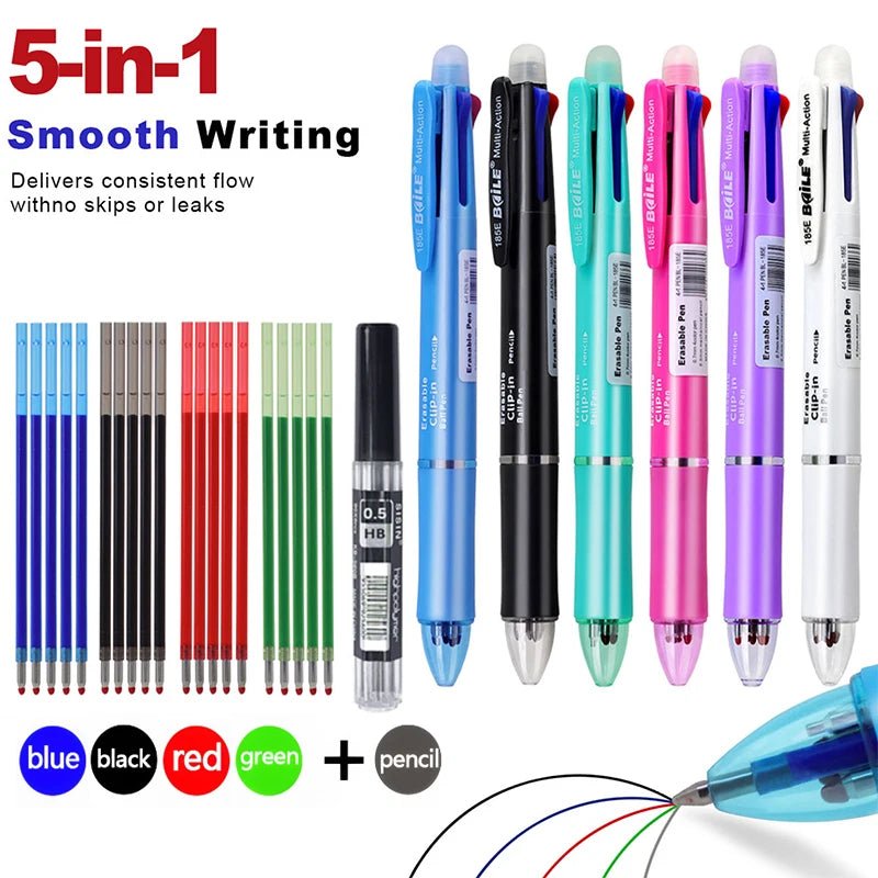 5 In 1 Multicolor Erasable Gel Pens Set with 0.7mm Refills and 0.5mm Automatic Pencil Lead, Office School Writing Ballpoint Pen - Checkouts USA