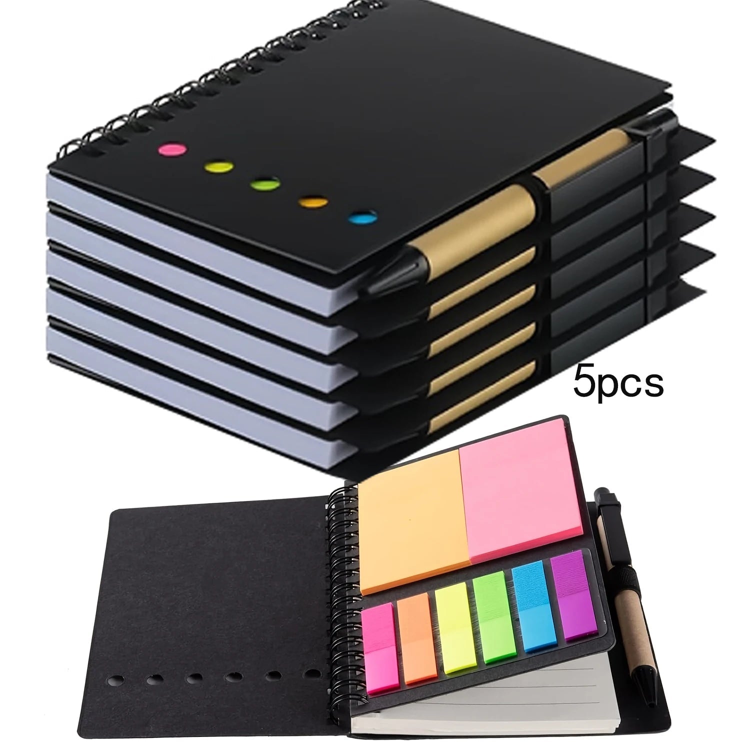 5 - Pack Spiral Bound Notepad Set with Pen Holder & Color sticky note - Embedded Notebooks for Office, School, Gift - Checkouts USA