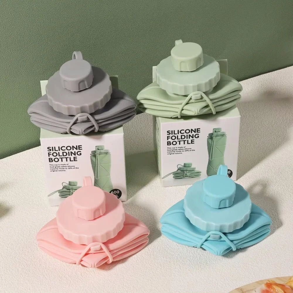 600ml Silicone Folding Bottle Adult Portable Reusable Plastic Cups Outdoor Travel Gym Water Bottle Motivational Drinking Bottle - Checkouts UK