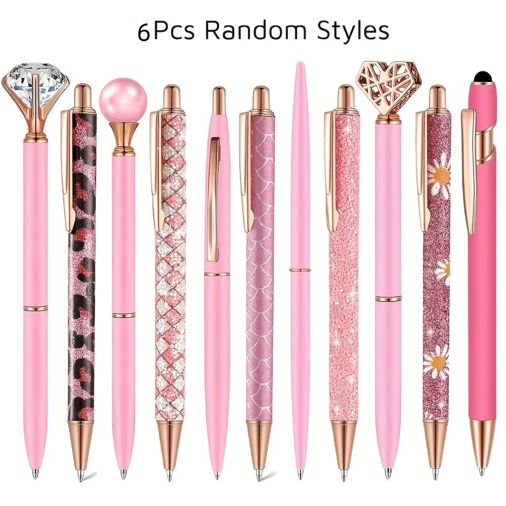 6pcs Ballpoint Pens Set Metal Crystal Diamond Pen for Journaling Glitter Stationery Fancy Gifts for Teacher Graduation Supplies - Checkouts USA