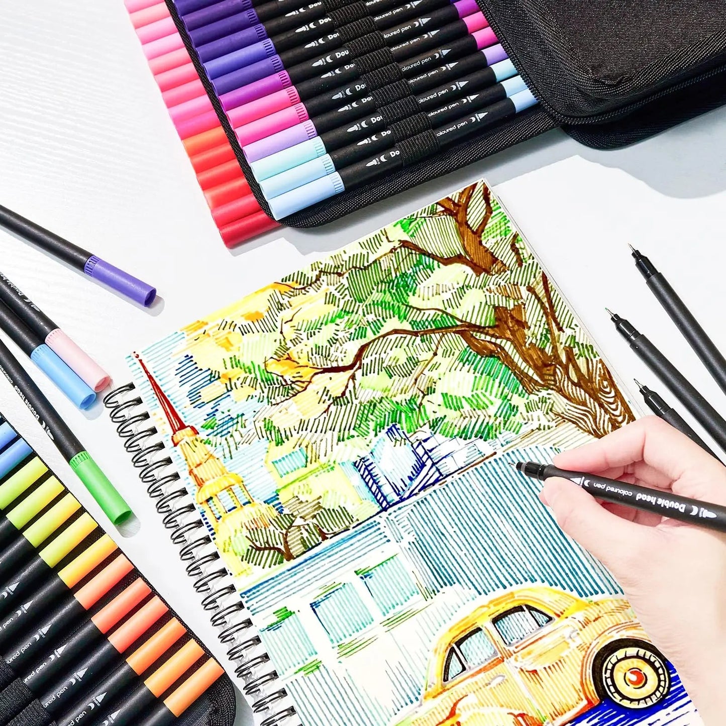 72 Colors Premium Dual Tip Art Markers Set with Foldable Case - Extra Fine & Brush Tips for Adult Artists Drawing, Painting - Checkouts USA