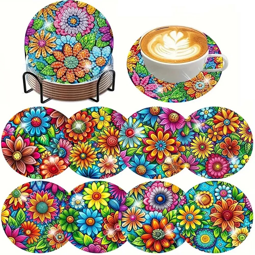 8 pieces/set of diamond painting coaster set, DIY coaster with holder, suitable for beginners and adults as diamond craft gifts - Checkouts UK
