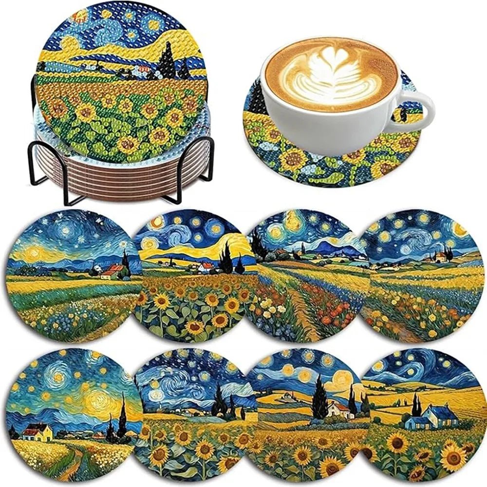 8 pieces/set of diamond painting coaster set, DIY coaster with holder, suitable for beginners and adults as diamond craft gifts - Checkouts UK