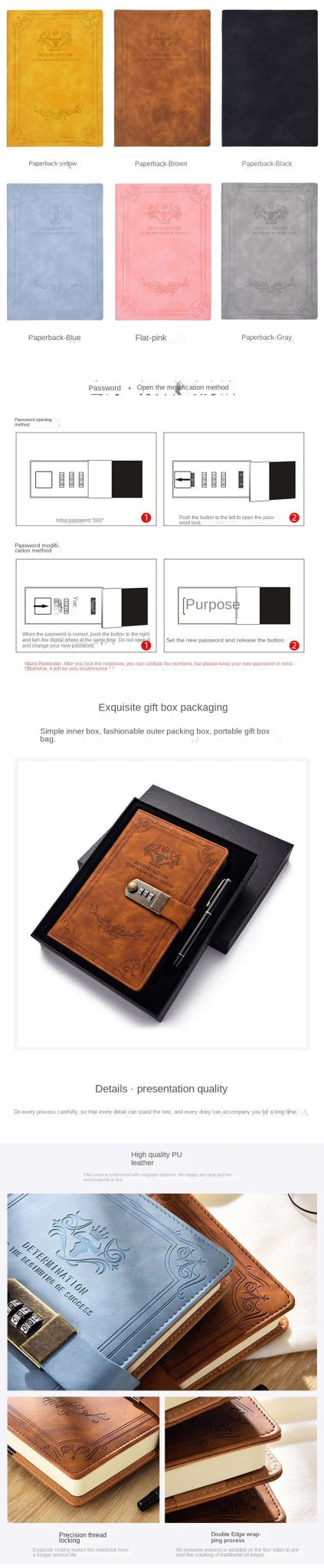 A5 200 Pages Retro Password Book with Lock Diary Thickened Creative Hand Ledger Student Notepad Stationery Notebook Binder - Checkouts USA