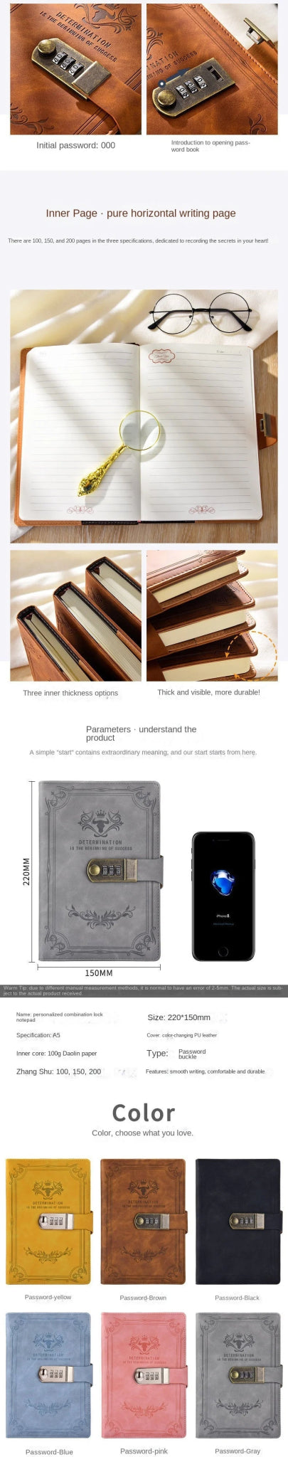 A5 200 Pages Retro Password Book with Lock Diary Thickened Creative Hand Ledger Student Notepad Stationery Notebook Binder - Checkouts USA