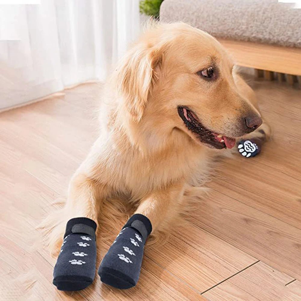 Anti - Slip Dog Socks 4pcs Paw Protector Traction Control Adjustable Indoor Wear Knitted Pet Socks with Rubber Reinforcement - Checkouts UK