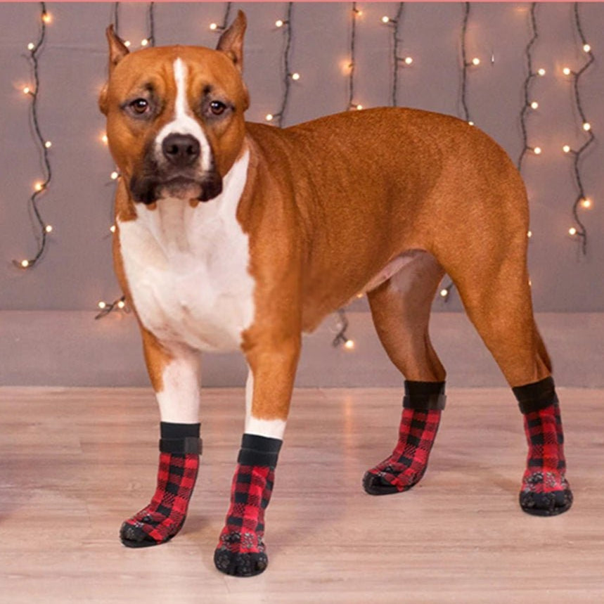 Anti - Slip Dog Socks 4pcs Paw Protector Traction Control Adjustable Indoor Wear Knitted Pet Socks with Rubber Reinforcement - Checkouts UK