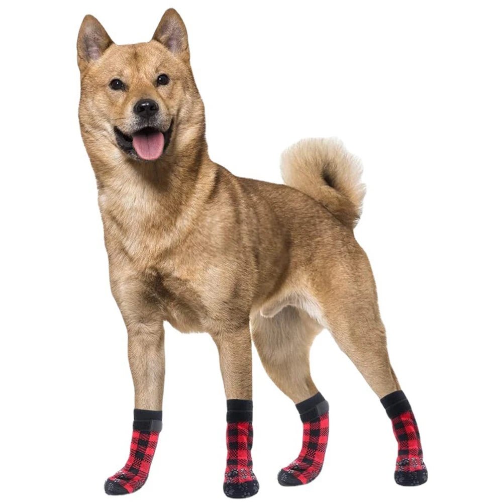 Anti - Slip Dog Socks 4pcs Paw Protector Traction Control Adjustable Indoor Wear Knitted Pet Socks with Rubber Reinforcement - Checkouts UK