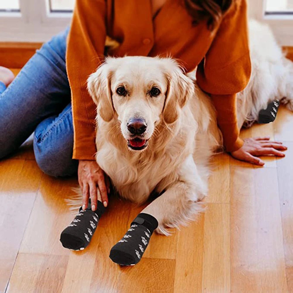 Anti - Slip Dog Socks 4pcs Paw Protector Traction Control Adjustable Indoor Wear Knitted Pet Socks with Rubber Reinforcement - Checkouts UK