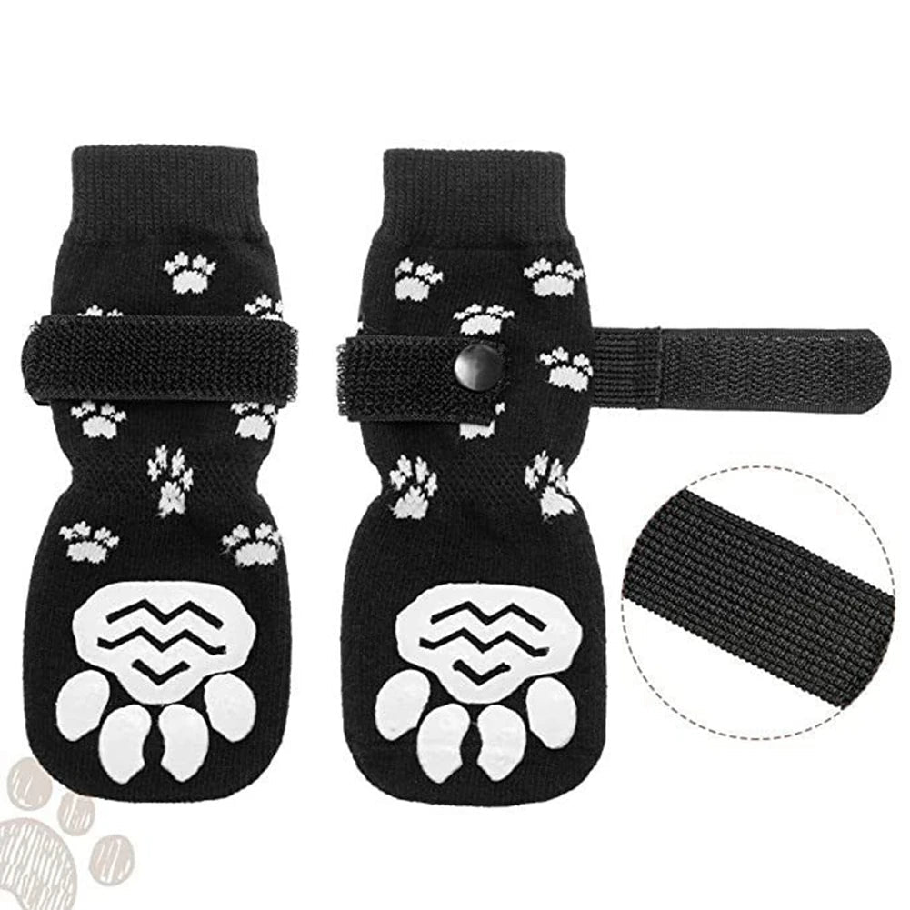 Anti - Slip Dog Socks 4pcs Paw Protector Traction Control Adjustable Indoor Wear Knitted Pet Socks with Rubber Reinforcement - Checkouts UK