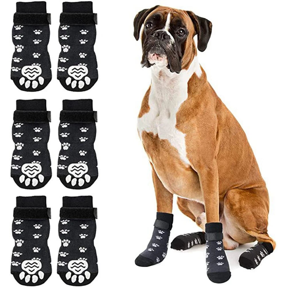 Anti - Slip Dog Socks 4pcs Paw Protector Traction Control Adjustable Indoor Wear Knitted Pet Socks with Rubber Reinforcement - Checkouts UK