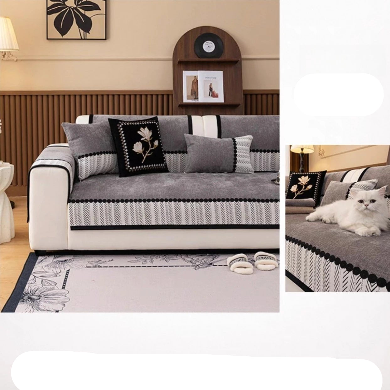 Contrast Hem Twill Chenille Sofa Cover for All Seasons Living Room Non - slip Sofa Seat Cover Couch Slipcover, Sofa Towel - Checkouts UK