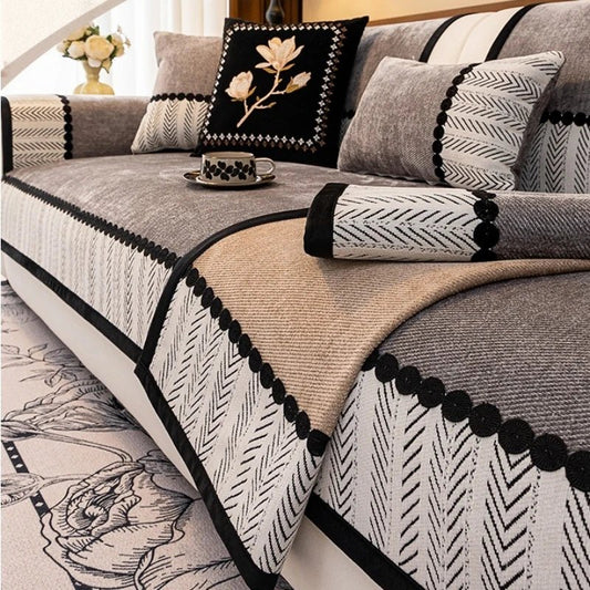 Contrast Hem Twill Chenille Sofa Cover for All Seasons Living Room Non - slip Sofa Seat Cover Couch Slipcover, Sofa Towel - Checkouts UK