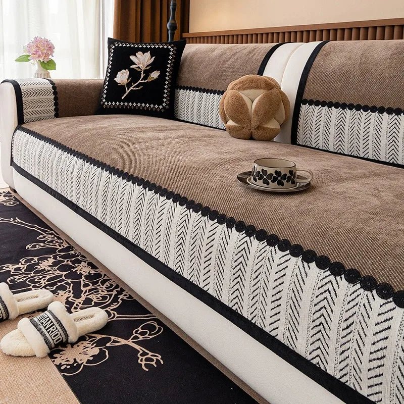 Contrast Hem Twill Chenille Sofa Cover for All Seasons Living Room Non - slip Sofa Seat Cover Couch Slipcover, Sofa Towel - Checkouts UK
