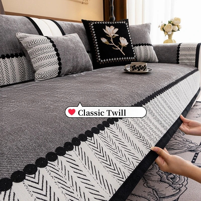 Contrast Hem Twill Chenille Sofa Cover for All Seasons Living Room Non - slip Sofa Seat Cover Couch Slipcover, Sofa Towel - Checkouts UK