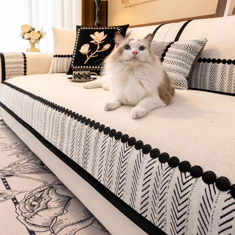 Contrast Hem Twill Chenille Sofa Cover for All Seasons Living Room Non - slip Sofa Seat Cover Couch Slipcover, Sofa Towel - Checkouts UK