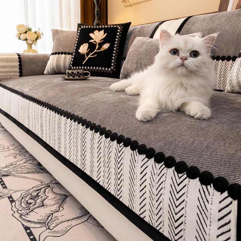 Contrast Hem Twill Chenille Sofa Cover for All Seasons Living Room Non - slip Sofa Seat Cover Couch Slipcover, Sofa Towel - Checkouts UK