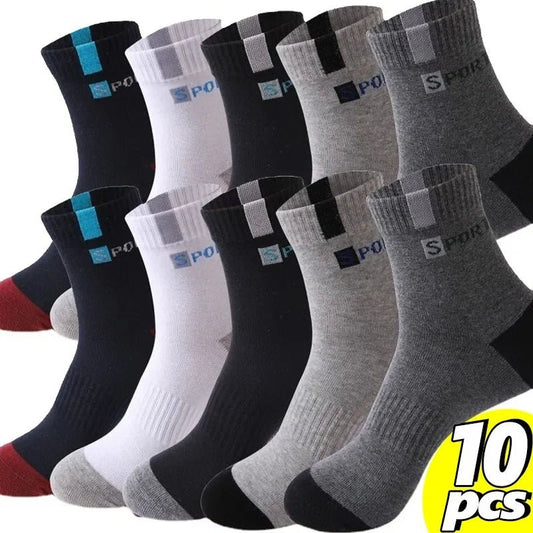 Cotton Sock for Men Sport Breathable Soft Letter Fashion Sneakers High Elastic Middle Tube Stocking Towel Sox Summer Running - Checkouts UK
