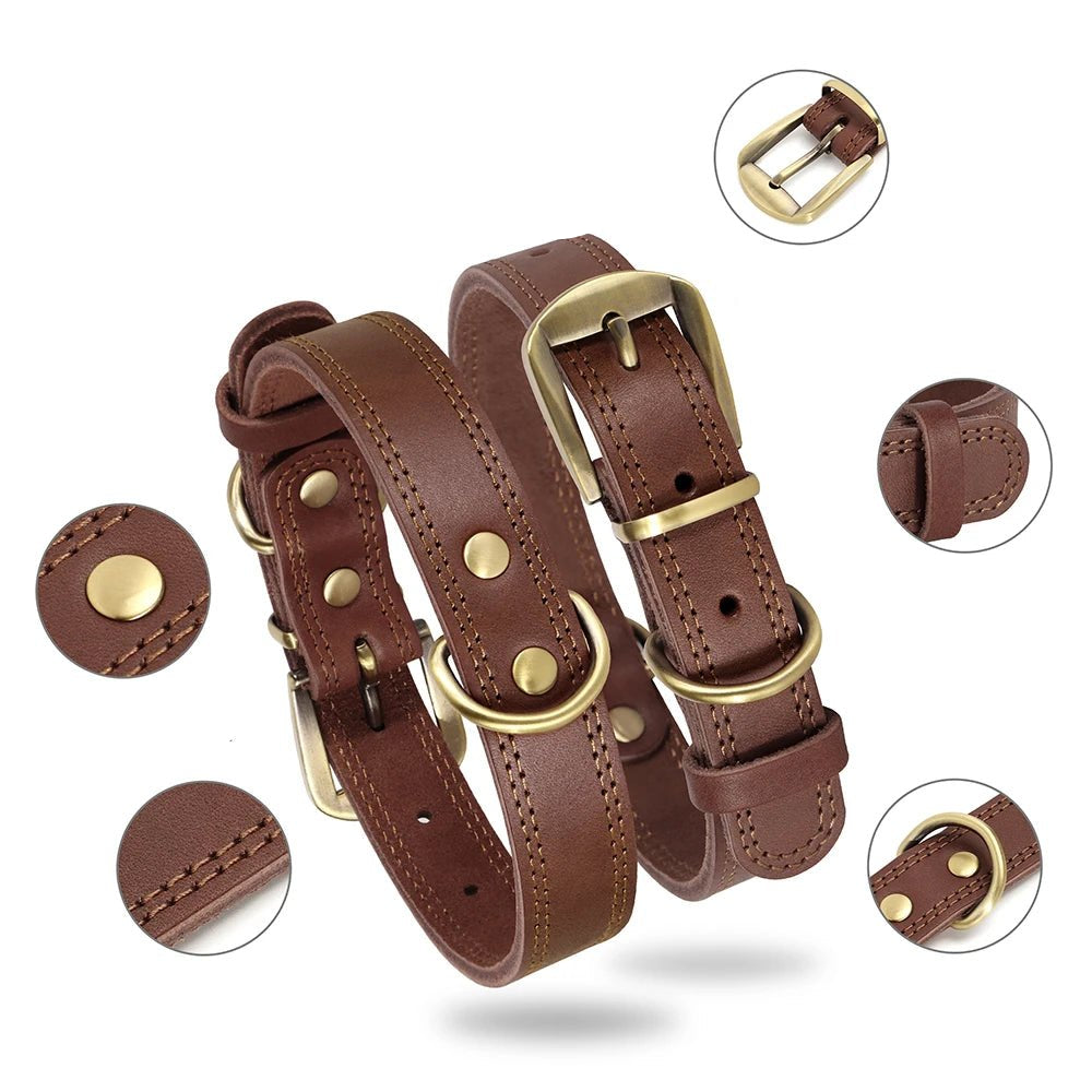 Durable Leather Dog Collar Real Leather Dog Collars Adjustable For Medium Large Dogs German Shepherd Training Hunting Brown - Checkouts UK